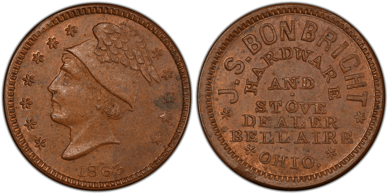 (1863) Copper Civil War Store Card F-60B-2a, J.S. Bonbright OH