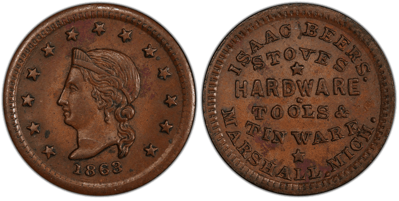 (1863) Copper Civil War Store Card F-610A-1a, Isaac Beers MI