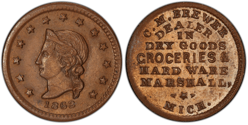 (1863) Copper Civil War Store Card F-610B-1a, C.M. Brewer MI