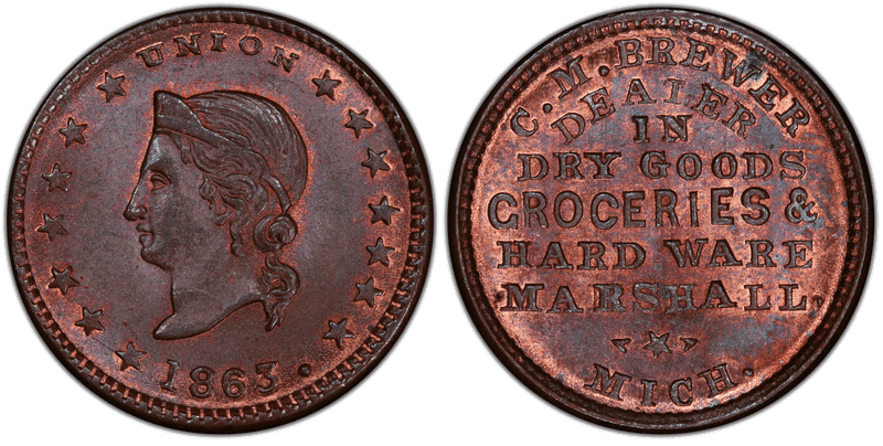 (1863) Copper Civil War Store Card F-610B-3a, C.M. Brewer MI