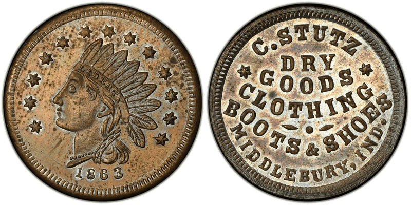 (1863) Brass Civil War Store Card F-615A-1b, C. Stutz IN