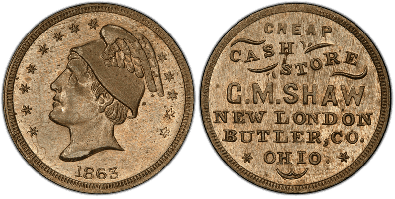 (1863) Copper-Nickel Civil War Store Card F-620B-1d, G.M. Shaw OH