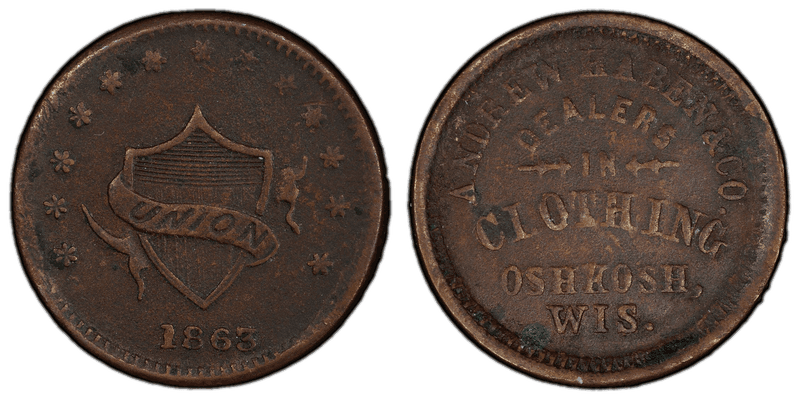 (1863) Copper Civil War Store Card F-620D-3a, Andrew Haben & Co. WI