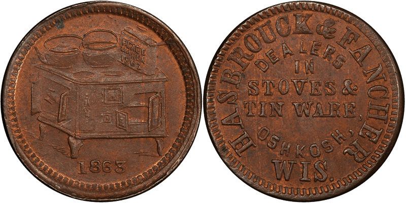 (1863) Copper Civil War Store Card F-620E-1a, Hasbrouck & Fancher WI