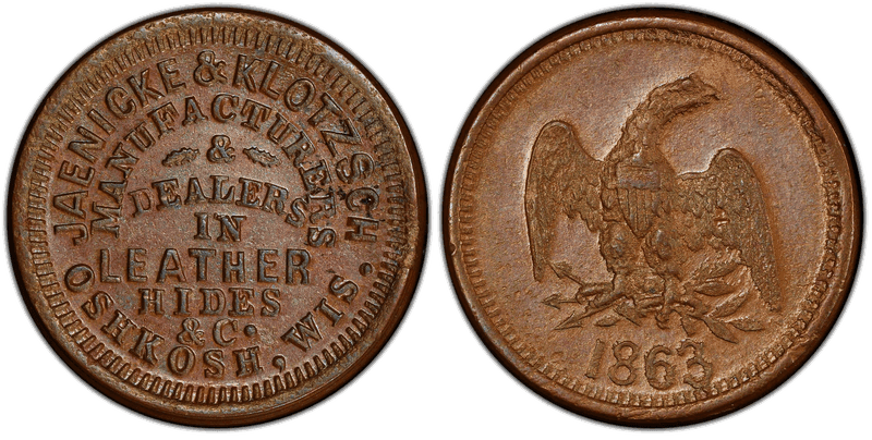 (1863) Copper Civil War Store Card F-620G-1a, Jaenicke & Klotzsch WI