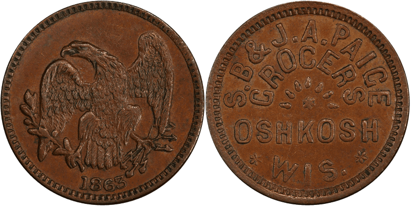 (1863) Copper Civil War Store Card F-620L-3a, S.B & J.A. Paige WI