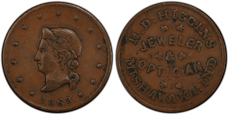 (1863) Copper Civil War Store Card F-630A-10a, H.D. Higgins IN