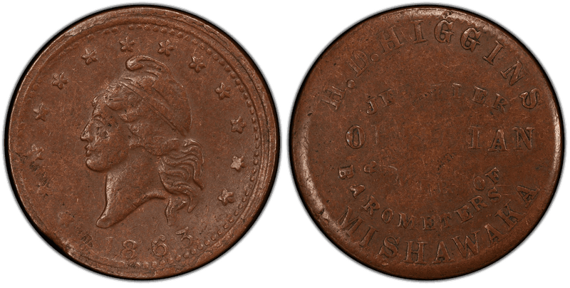 (1863) Copper Civil War Store Card F-630A-1a, H.D. Higgins IN