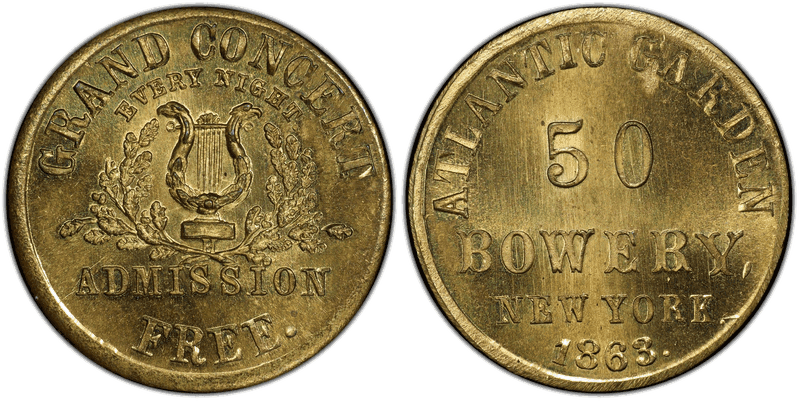 (1863) Brass Civil War Store Card F-630A-1b, Atlantic Garden NY