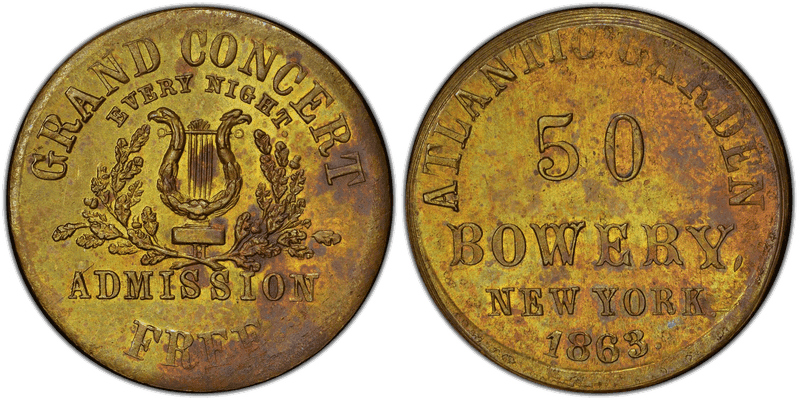(1863) Brass Civil War Store Card F-630A-1b, . Thin Planchet Atlantic Garden NY