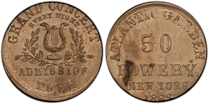 (1863) Copper-Nickel Civil War Store Card F-630A-1do, Atlantic Garden, Overstk on 1863 1C NY Cent NY