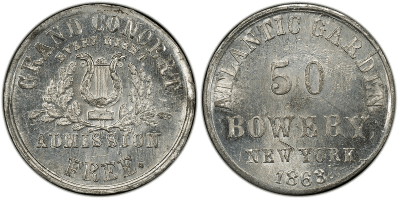 (1863) White Metal Civil War Store Card F-630A-1e, Atlantic Garden NY