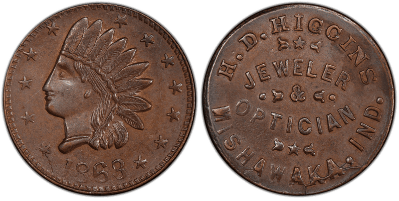 (1863) Copper Civil War Store Card F-630A-6a, H.D. Higgins IN
