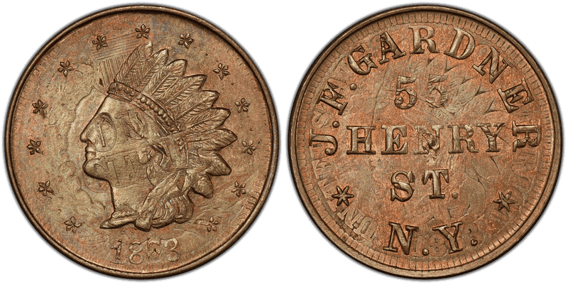 (1863) Copper-Nickel Civil War Store Card F-630AA-1do, J.F. Gardner, Overstk on 1863 1C NY Cent NY