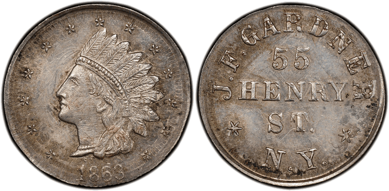 (1863) Silver Civil War Store Card F-630aa-1fo, J. Gardner Overstk 1858 10C NY