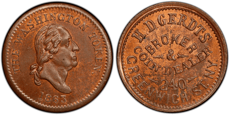 (1863) Copper Civil War Store Card F-630AD-1a, GW-580 H.D. Gerdts NY