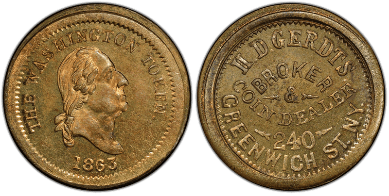 (1863) Brass Civil War Store Card F-630AD-1b, GW-580 H.D. Gerdts NY