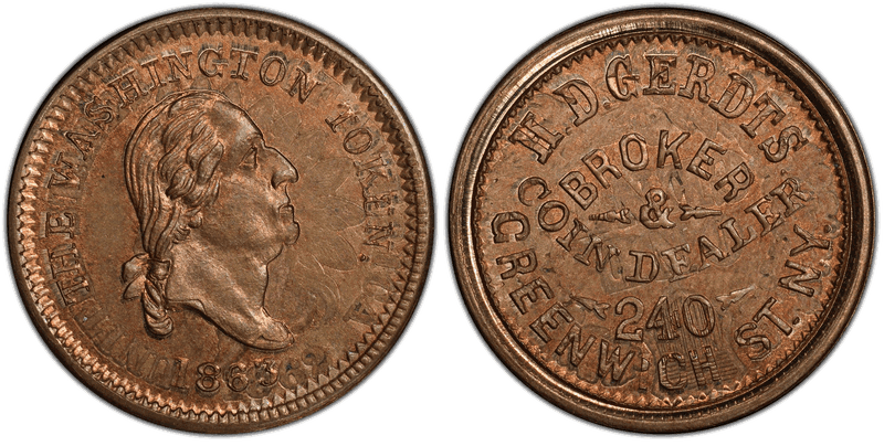 (1863) Copper-Nickel Civil War Store Card F-630AD-1do, H.D. Gerdts, Overstk on 1862 1C NY Cent NY