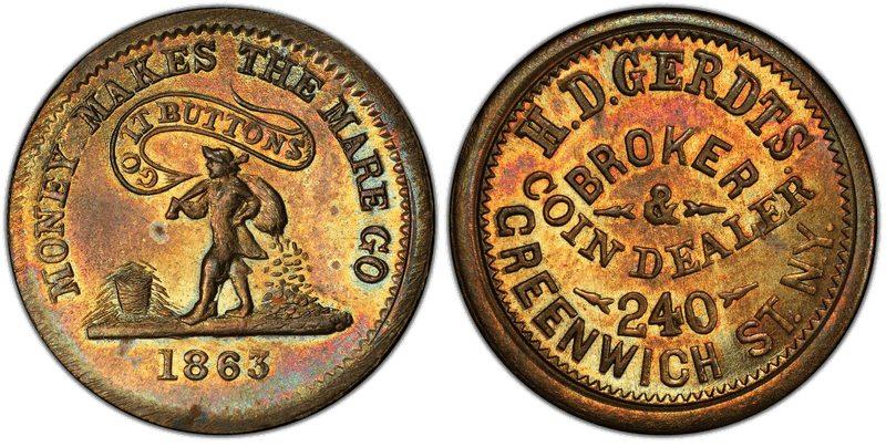 (1863) Brass Civil War Store Card F-630AD-2b, H.D. Gerdts NY