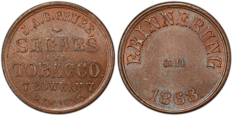 (1863) Copper Civil War Store Card F-630AF-1a, J.A.C. Grube NY