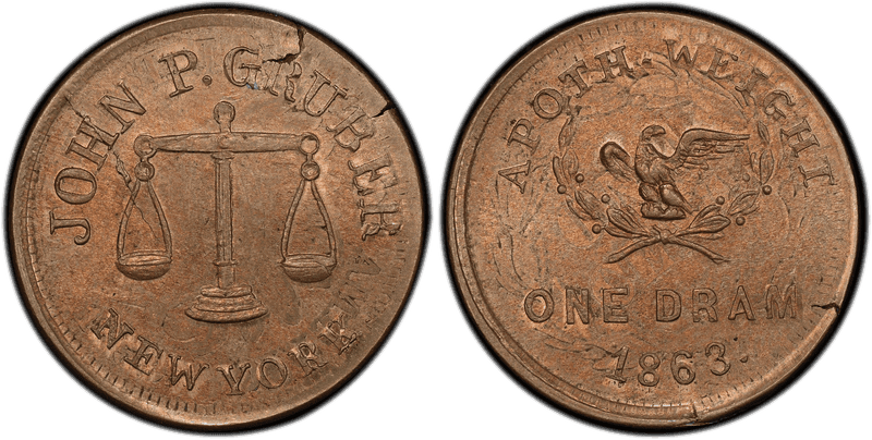(1863) Copper-Nickel Civil War Store Card F-630AG-1do, John P. Gruber, Overstk on 1859 1C NY Cent NY