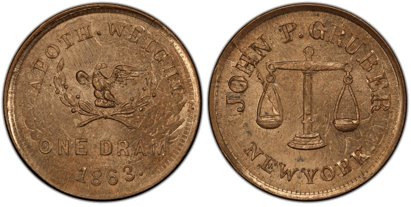 (1863) Copper-Nickel Civil War Store Card F-630AG-1do, John P. Gruber, Overstk on 1862 1C NY Cent NY