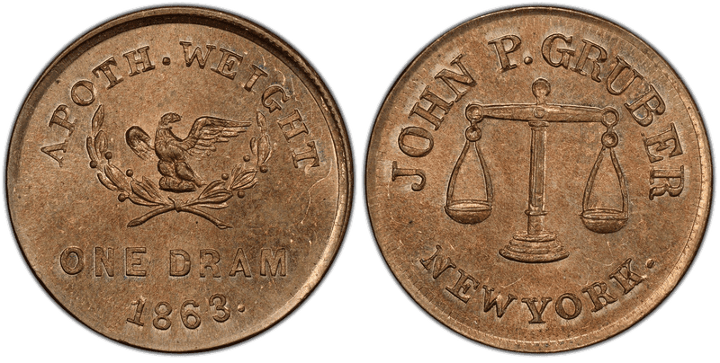(1863) Copper-Nickel Civil War Store Card F-630AG-1do, John P. Gruber, Overstk on 1863 1C NY Cent NY