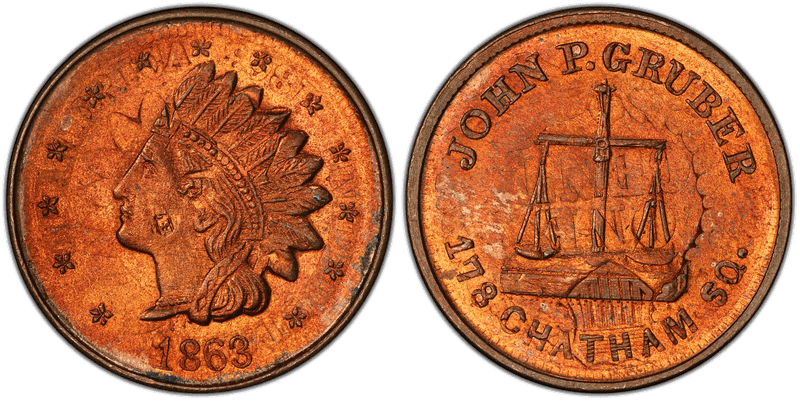 (1863) Copper-Nickel Civil War Store Card F-630AG-3do, John P. Gruber, Overstk on 1863 1C NY Cent NY