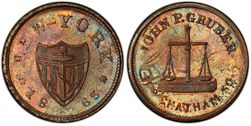 (1863) Copper Civil War Store Card F-630AG-4ao, John P. Gruber, Overstk on CWT NY