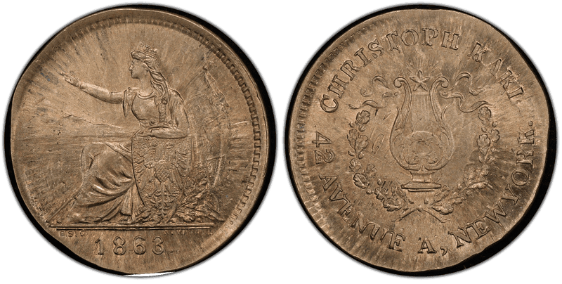 (1863) Copper-Nickel Civil War Store Card F-630AM-1do, Christoph Karl NY