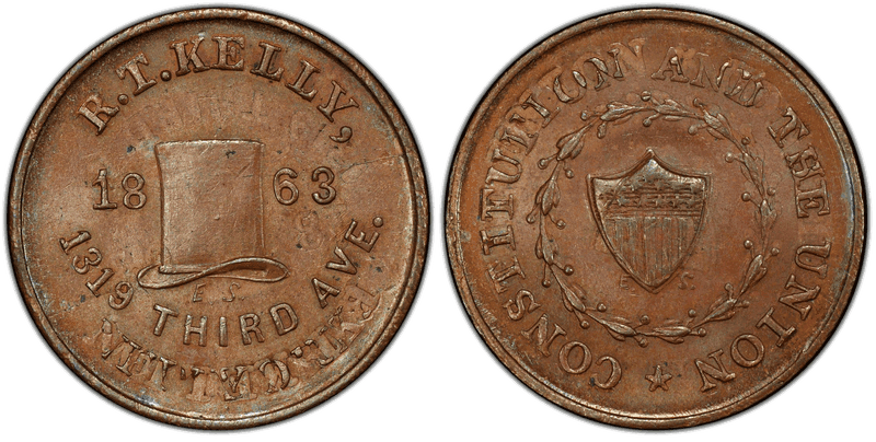 (1863) Copper Civil War Store Card F-630AN-1a, R.T. Kelly NY