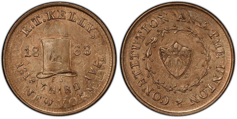 (1863) Copper-Nickel Civil War Store Card F-630AN-1do, R.T. Kelly NY