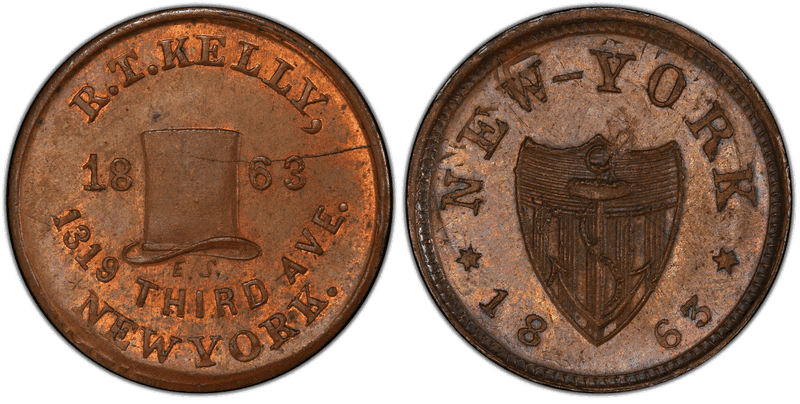 (1863) Copper Civil War Store Card F-630AN-2ao, R. T. Kelly NY