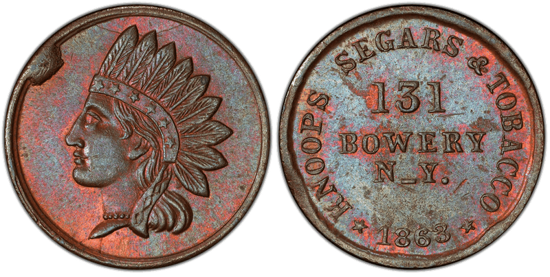 (1863) Copper Civil War Store Card F-630AO-1a, Knoops Segars & Tobacco NY