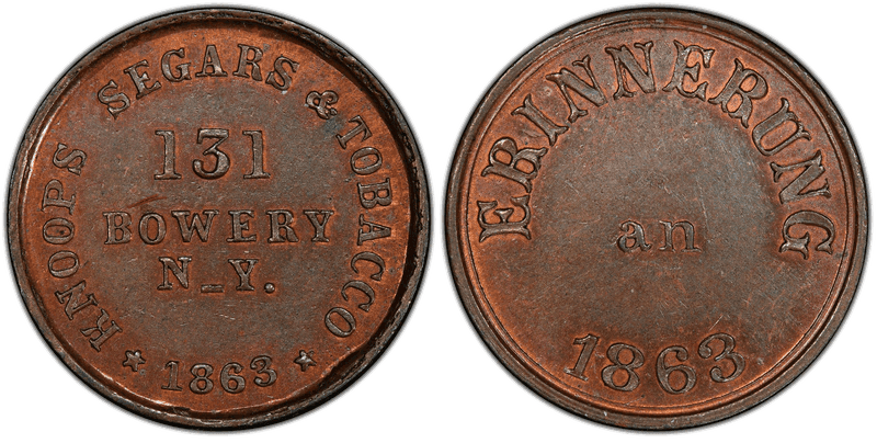 (1863) Copper Civil War Store Card F-630AO-2a, Knoops Segars & Tobacco NY