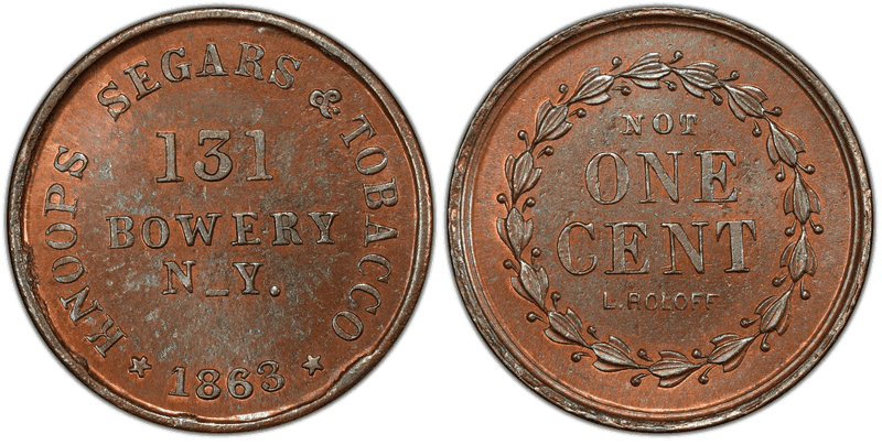 (1863) Copper Civil War Store Card F-630AO-3a, Knopps Segars & Tobacco NY