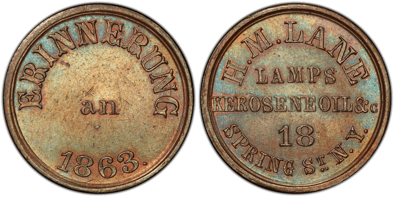 (1863) Copper Civil War Store Card F-630AP-10a, H.M. Lane NY