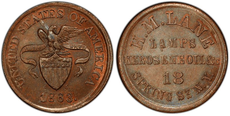(1863) Copper Civil War Store Card F-630AP-6a, H.M. Lane NY