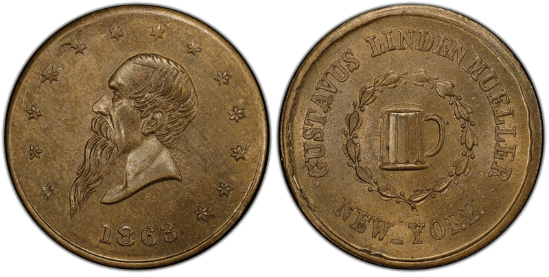 (1863) Brass Civil War Store Card F-630AQ-3b, Gustavus Lindenmueller NY