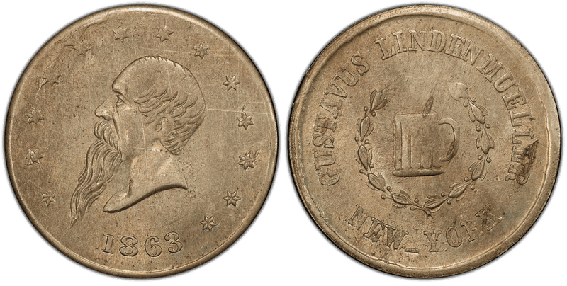 (1863) Copper-Nickel Civil War Store Card F-630AQ-3d, Gustavus Lindenmueller NY