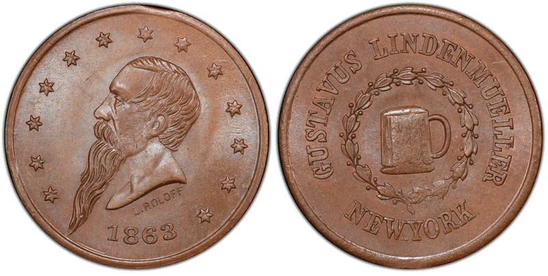 (1863) Copper Civil War Store Card F-630AQ-4a, Gustavus Lindenmueller NY