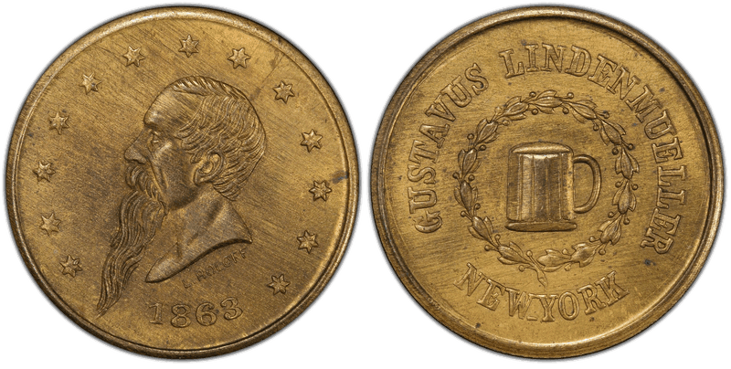 (1863) Brass Civil War Store Card F-630AQ-4b, Gustavus Lindenmueller NY