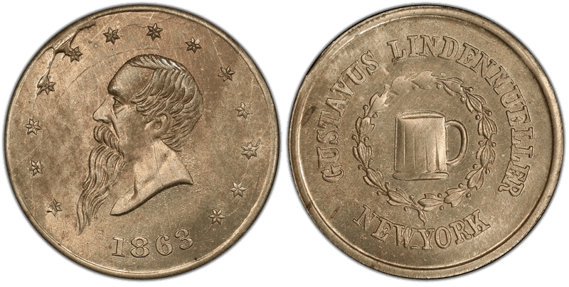 (1863) Copper-Nickel Civil War Store Card F-630AQ-5d, Gustavus Lindenmueller NY