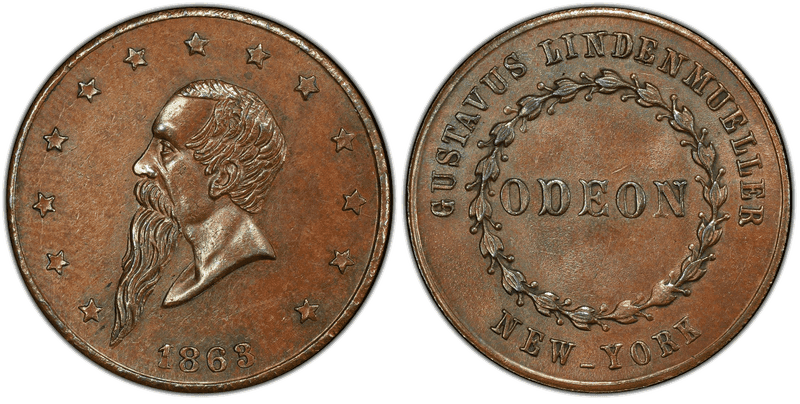 (1863) Copper Civil War Store Card F-630AQ-6a, Gustavus Lindenmueller NY