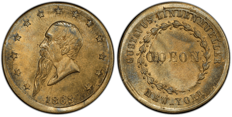 (1863) Brass Civil War Store Card F-630AQ-6b, Gustavus Lindenmueller NY