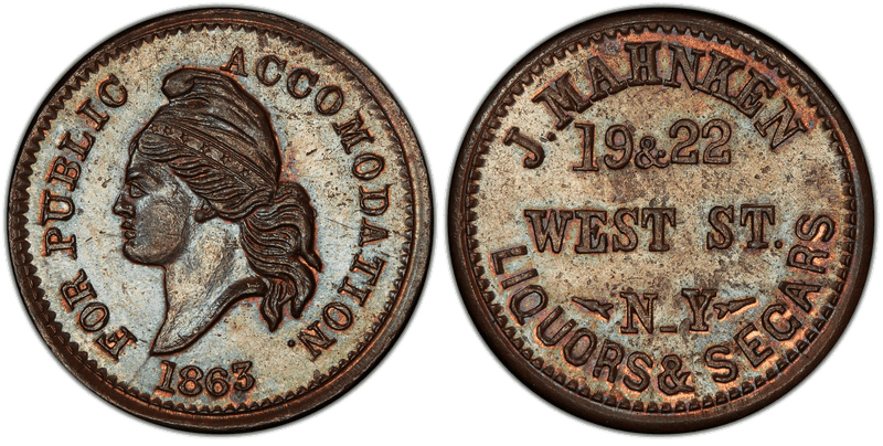 (1863) Copper Civil War Store Card F-630AT-1a, J. Mahnken NY