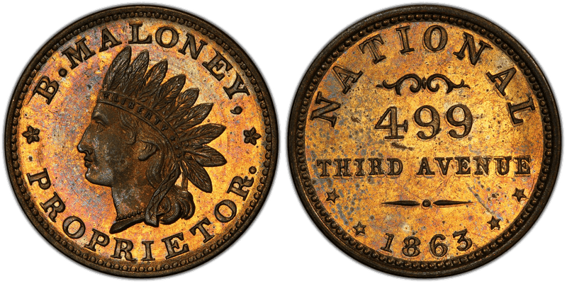(1863) Brass Civil War Store Card F-630AU-1b, B. Maloney NY