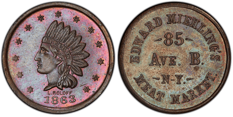 (1863) Copper Civil War Store Card F-630AX-1a, Edward Miehling's NY