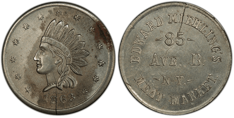 (1863) German-Silver Civil War Store Card F-630AX-2j, Edward Miehling's NY