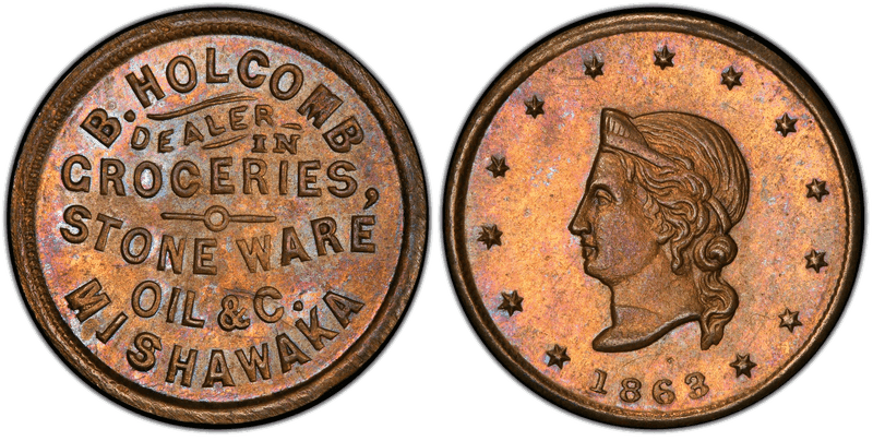 (1863) Brass Civil War Store Card F-630B-3b, B. Holcomb IN